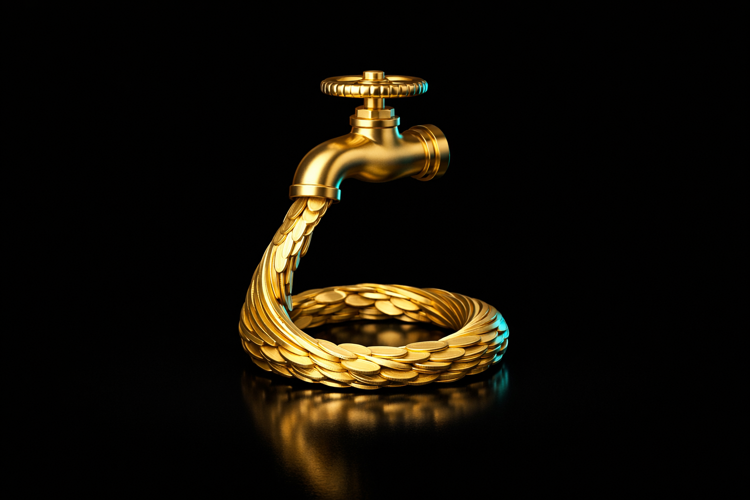 Gold valve guiding a steady stream of coins into a loop, representing building cash flow discipline