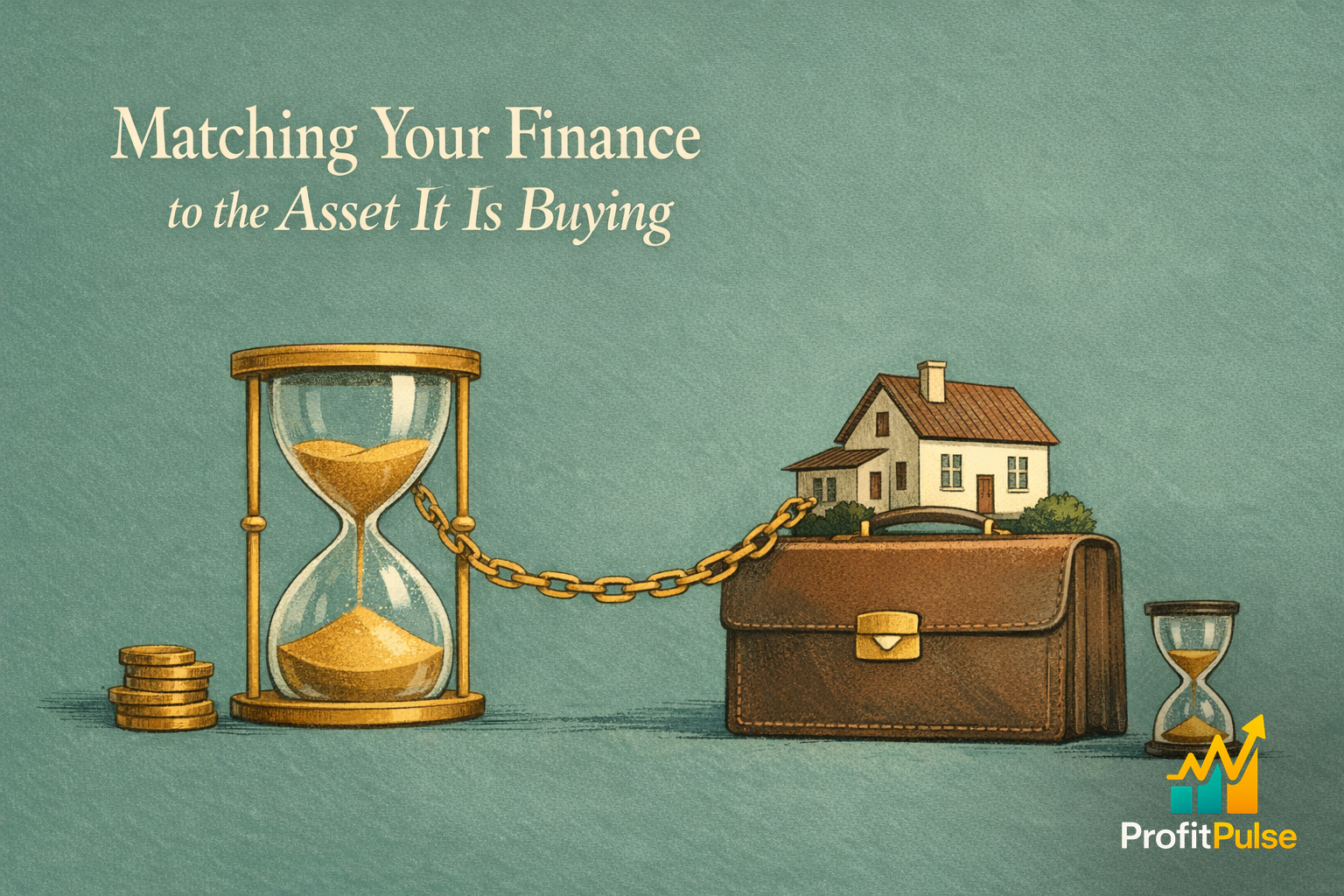 Matching Your Finance to the Asset It Is Buying 1 A reflective owner weighs two symbolic finance options at a desk, a sage-toned scene about aligning loan terms with the assets they fund.