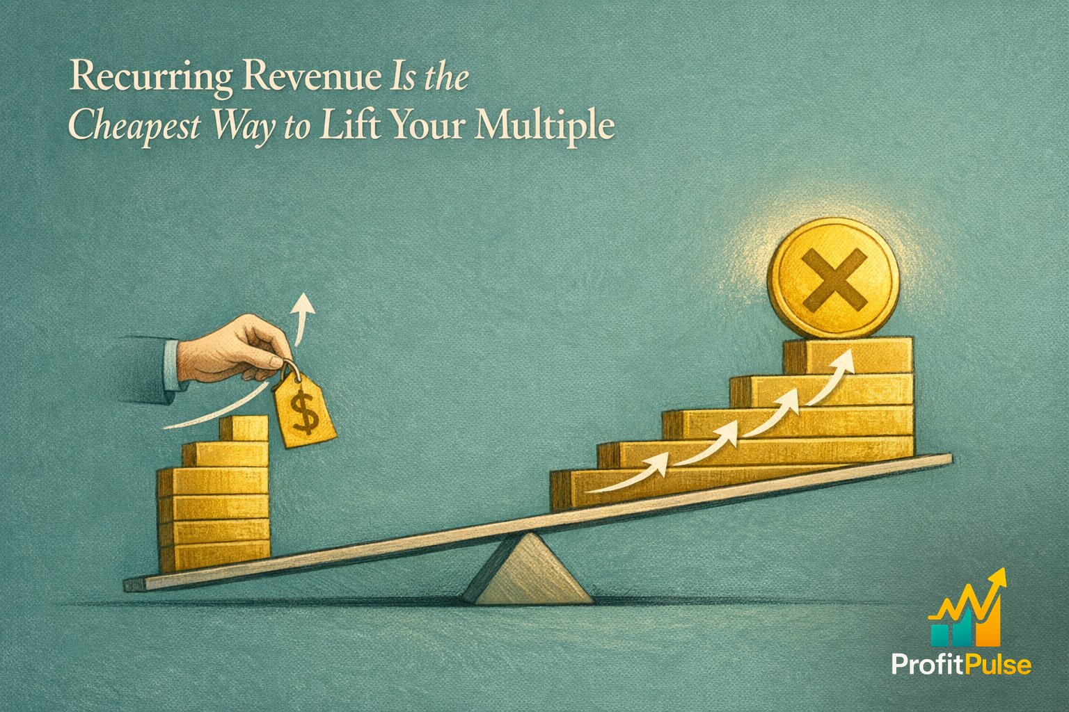 Increase Your Recurring Revenue Will Increase Your Business Valuation 1 A reflective owner considering steady, repeating income, with restrained symbolic cues and open space framing a measured look at business value.