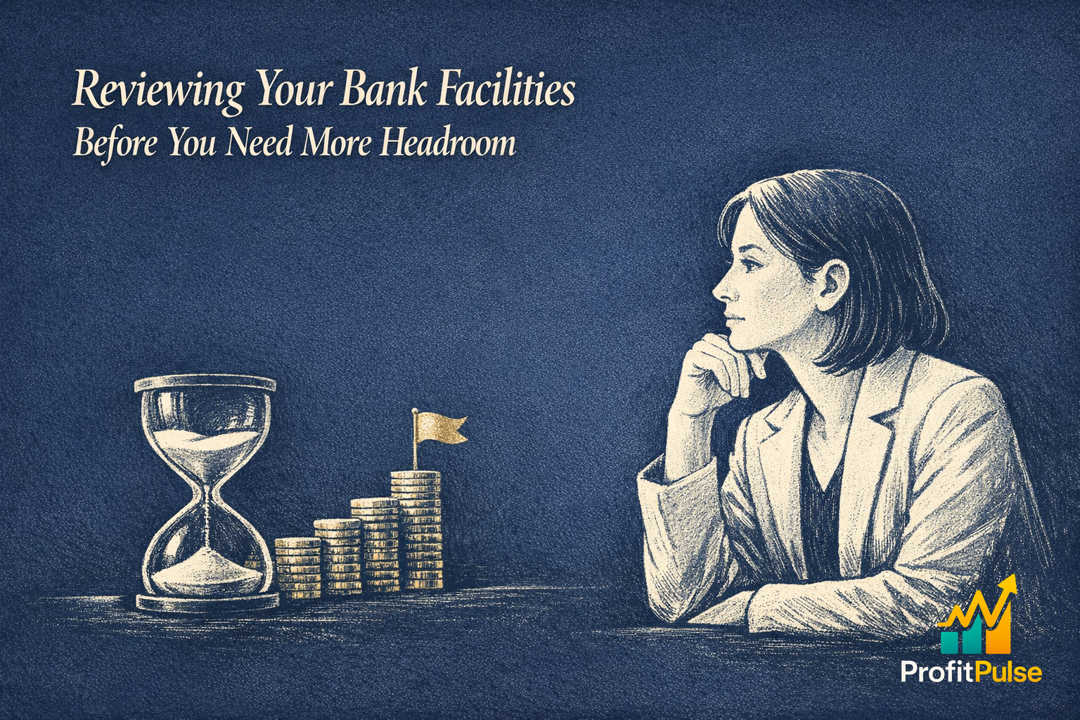 Reviewing Your Bank Facilities Before You Need More Headroom 1 A reflective owner examines a loan facility document at a desk in a navy, cautionary tone, the mood watchful ahead of a tighter trading season.