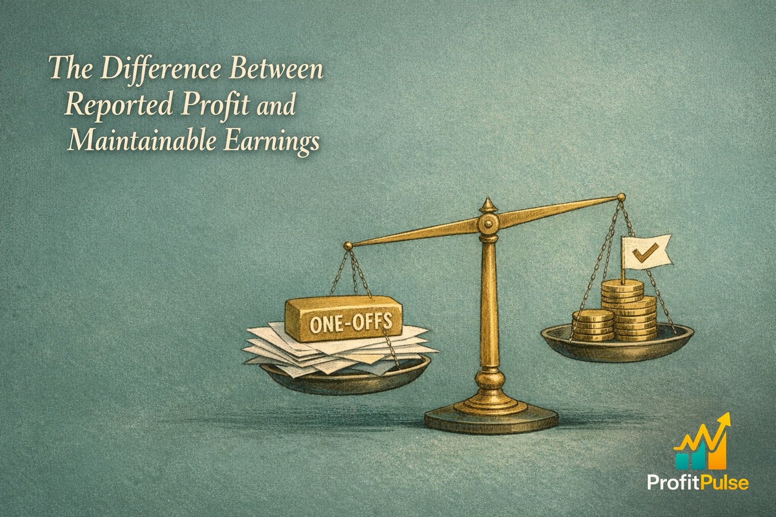 A reflective owner examines a normalised profit figure at a desk, a sage-toned scene about the earnings a buyer treats as repeatable.