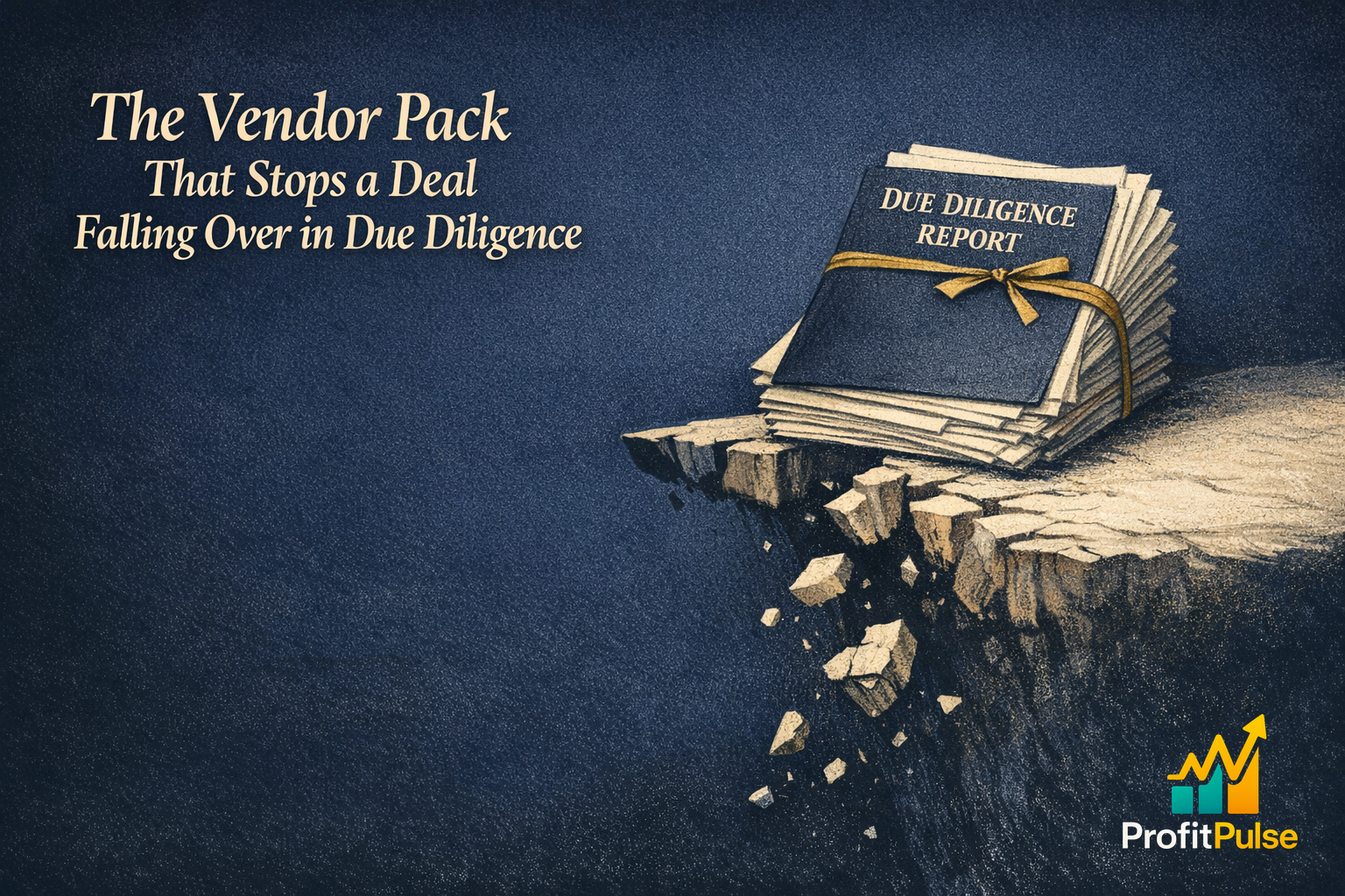 The Vendor Pack That Stops a Deal Falling Over in Due Diligence 1 A thoughtful business owner reviews a tidy folder of records at a desk, a calm navy-toned scene about preparing a business for buyer scrutiny.