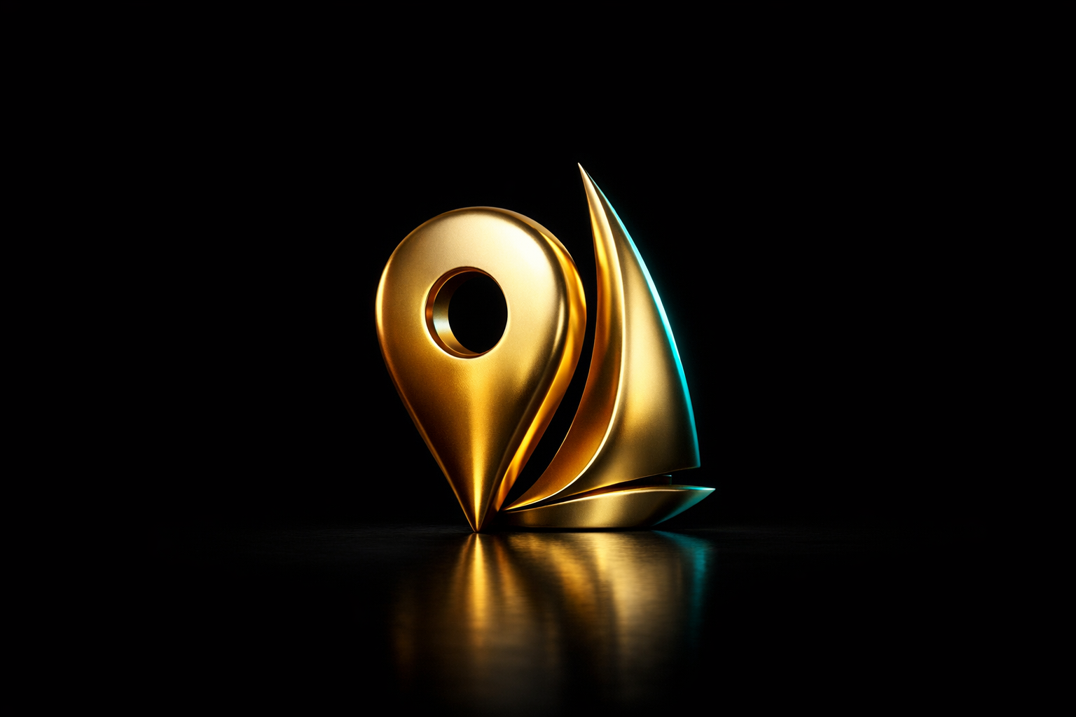 Gold map pin with an abstract harbour sail, representing virtual CFO services in Sydney