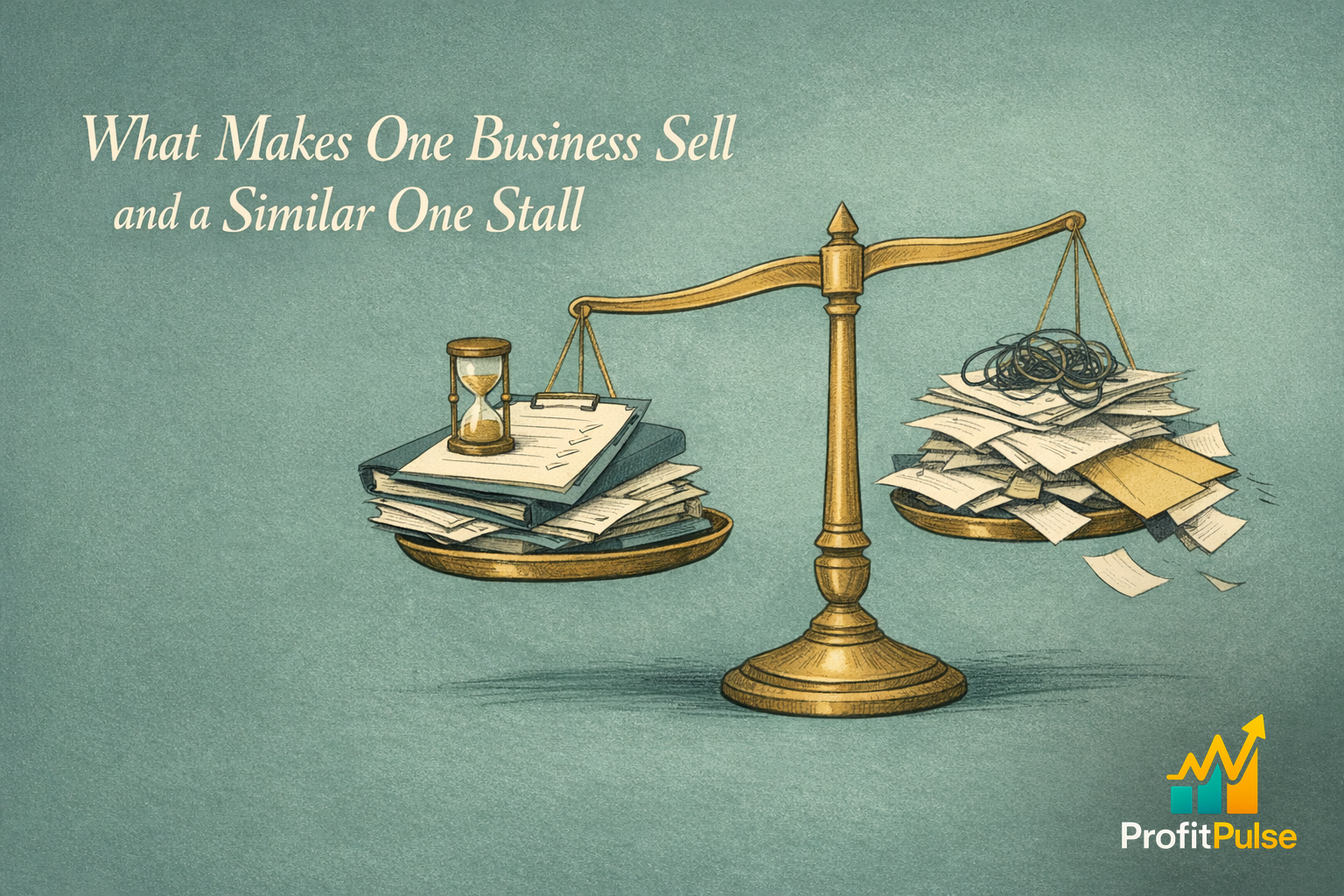 What Makes One Business Sell and a Similar One Stall 1 A reflective owner considers two contrasting paths from a desk in a strategic sage tone, suggesting why one business sells while another stalls.