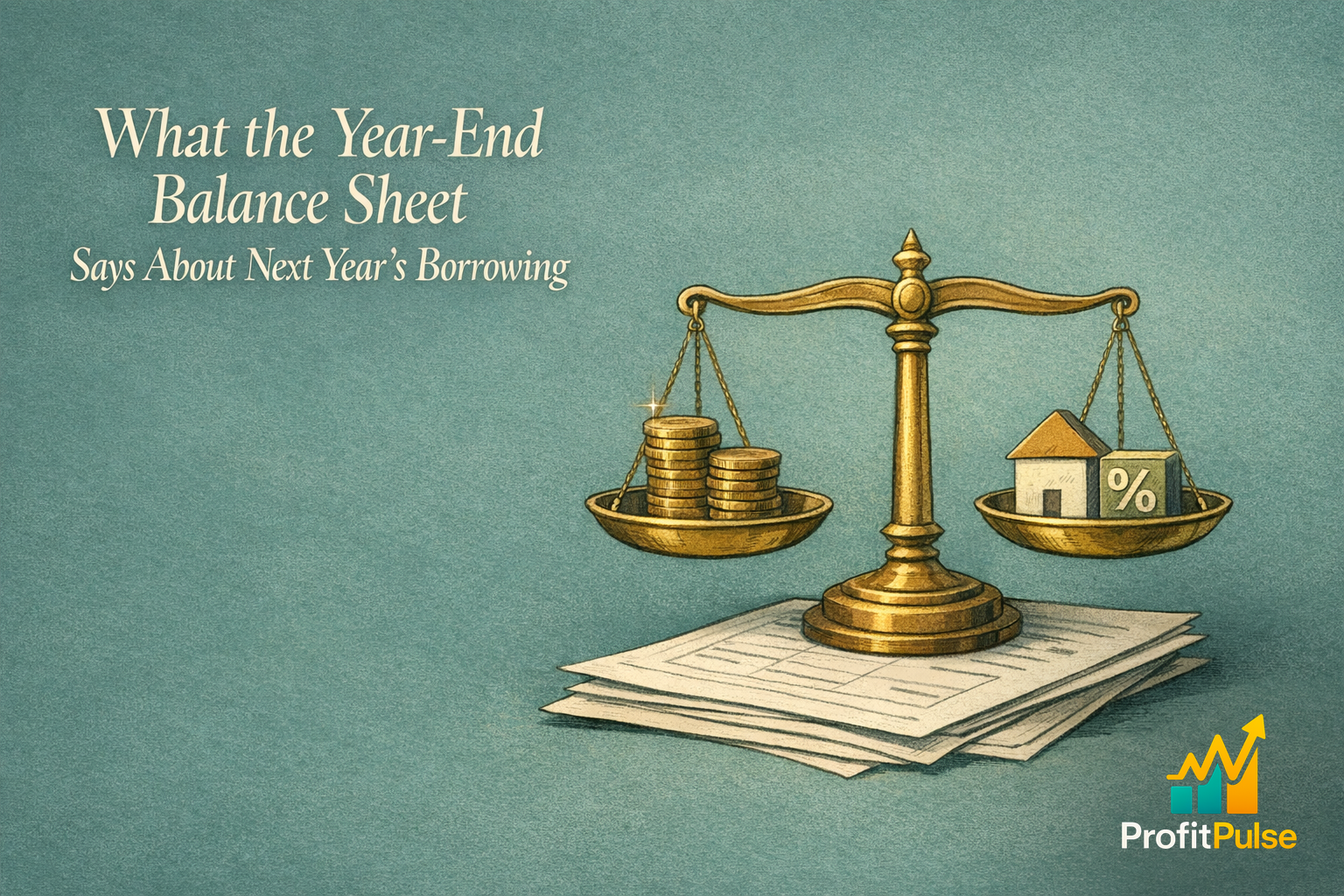 A composed owner reads a year-end balance sheet through a lender's eyes in a strategic sage scene, with generous negative space around the title.